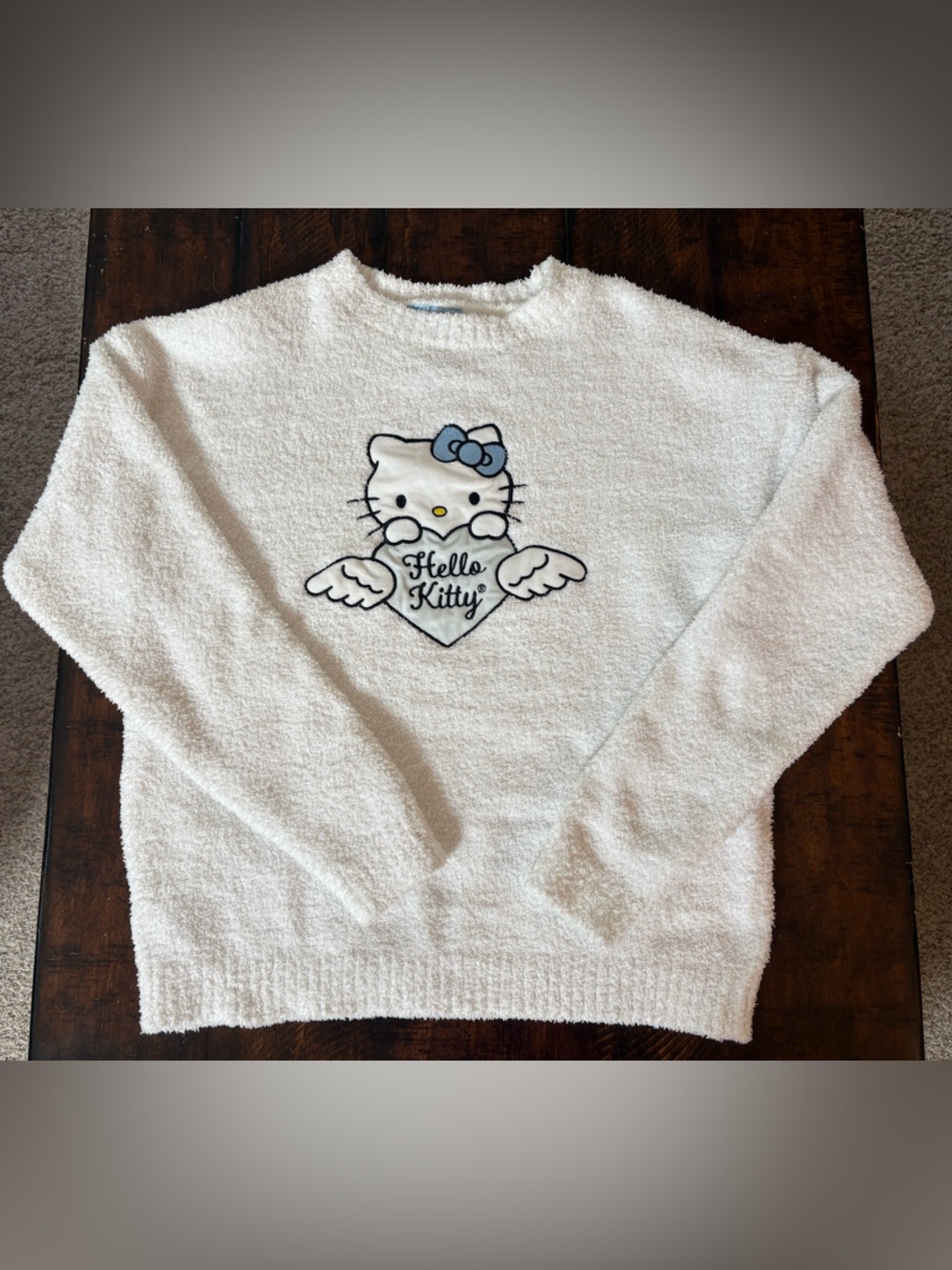 Hello Kitty Angel Theme White Fuzzy Pullover Sweater, Small
